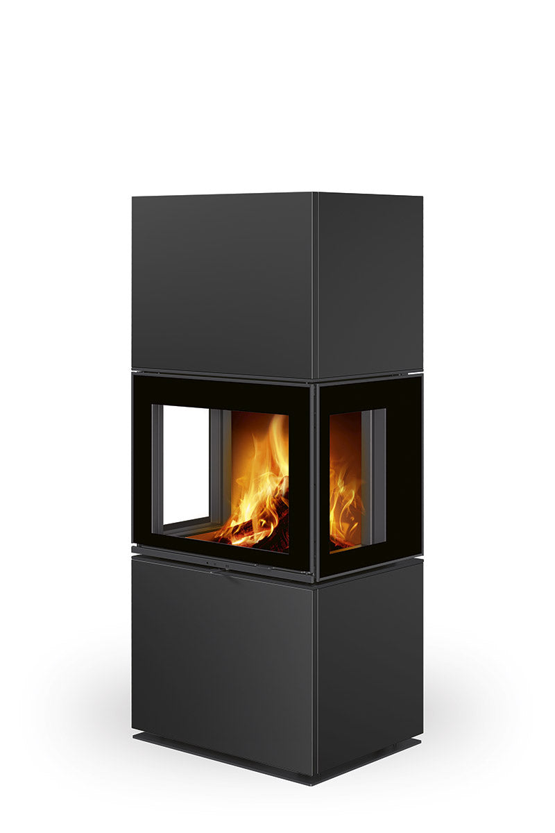 Semineu modular prefabricat cu geam pe trei laturi, placat cu piatra neagra, fabricat de Romotop