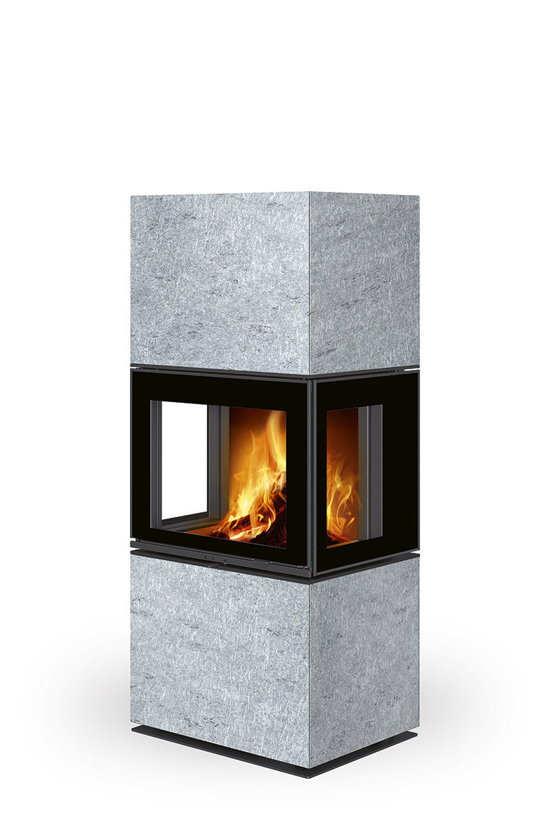 Semineu modular cu piatra gri, geam panoramic cu trei sticle, gama Lera marca Romotop