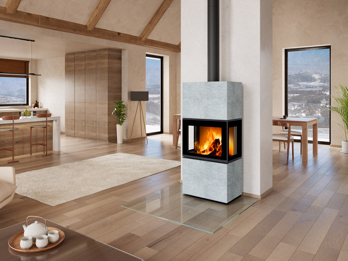 Semineu modular cu piatra serpentin gri montat in living modern cu tubulatura verticala