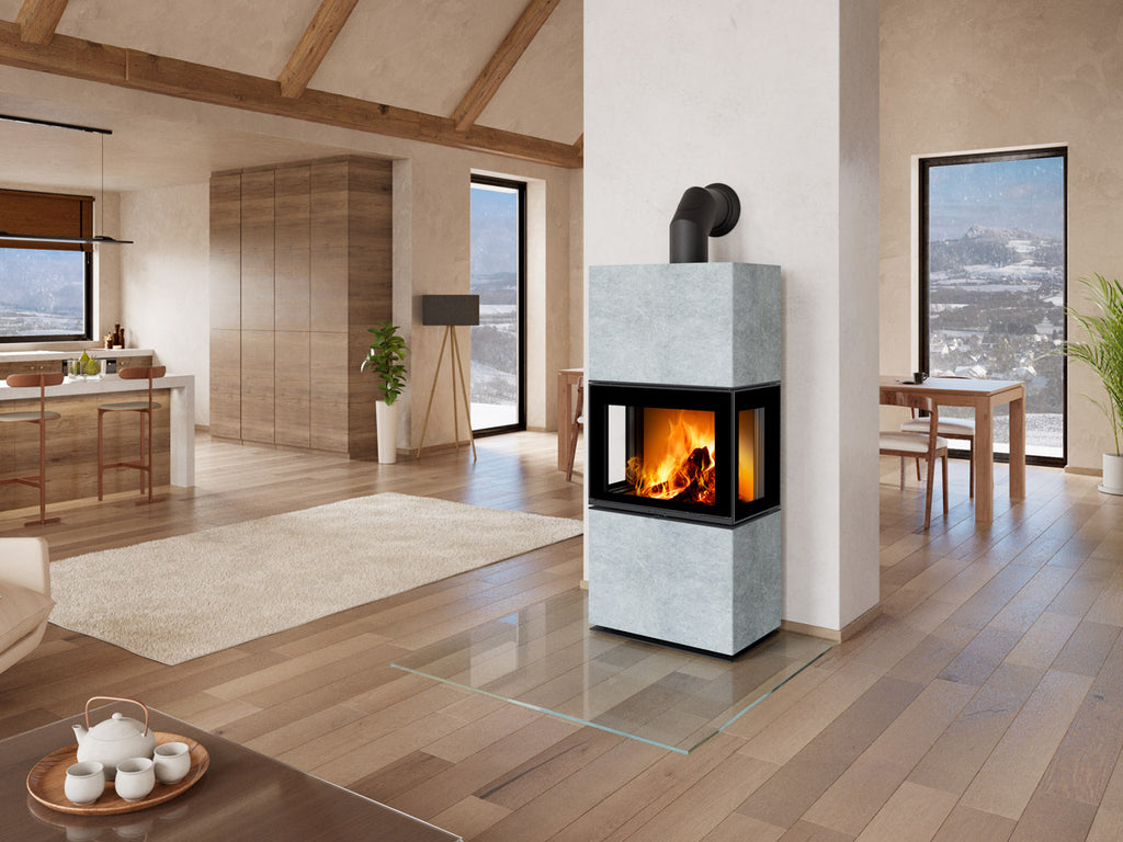 Semineu modular cu piatra serpentin gri montat in living modern cu tubulatura cu cot