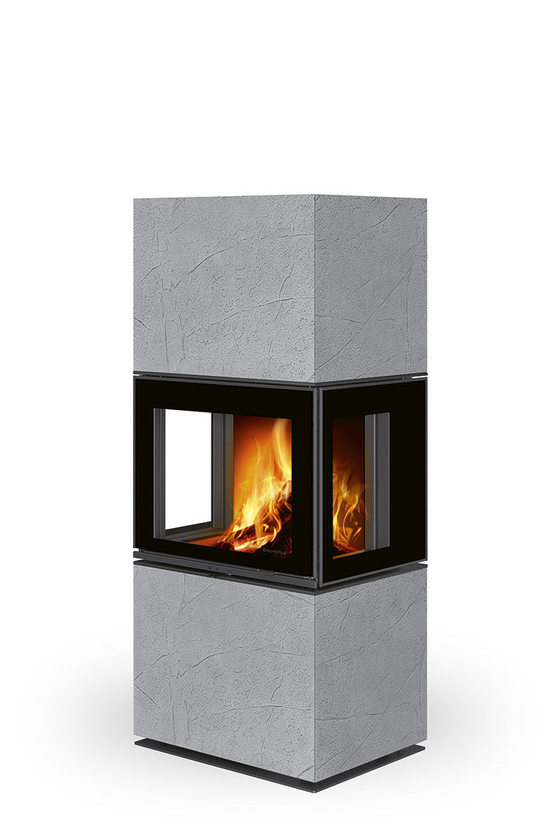 Semineu modular cu aspect de beton gri deschis, geam cu trei laturi, gama Lera, model Romotop