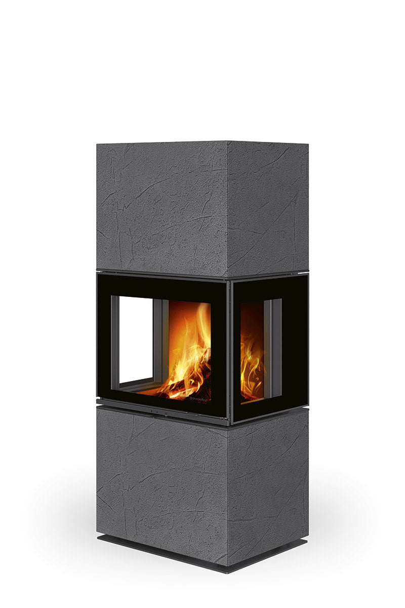 Semineu modular cu aspect de beton gri inchis, geam cu trei laturi, gama Lera, model Romotop