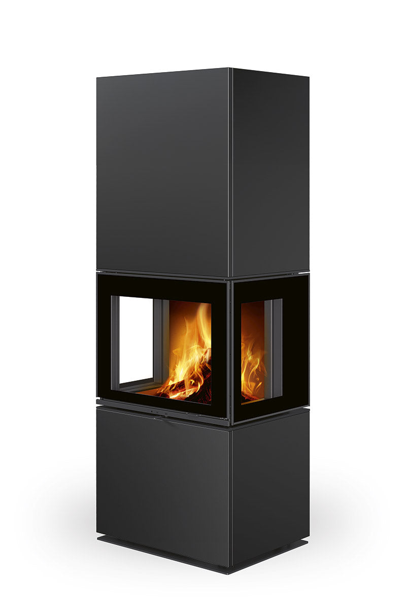 Semineu modular inalt cu geam pe trei laturi, placat cu piatra neagra, gama Lera, fabricat de Romotop