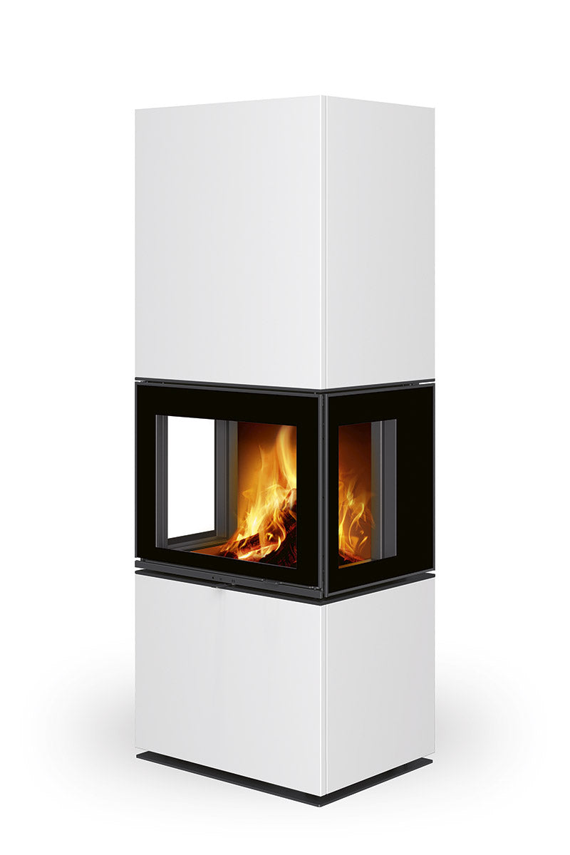 Semineu modular inalt cu geam pe trei laturi, placat cu piatra alba, gama Lera, fabricat de Romotop