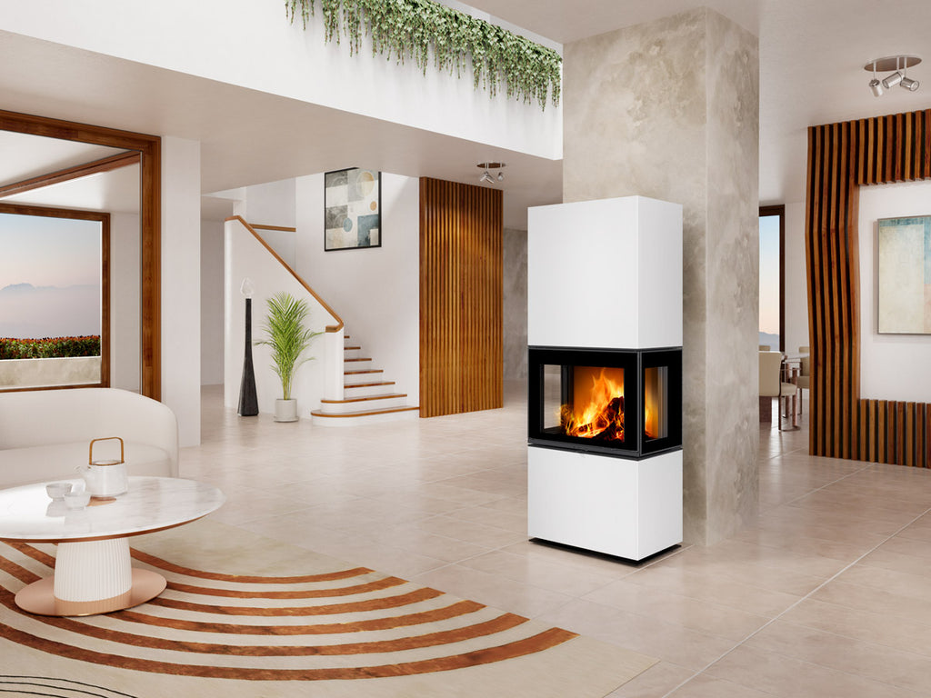 Semineu modular inalt cu geam pe trei laturi, placat cu piatra alba, gama Lera, instalat in living cu design modern