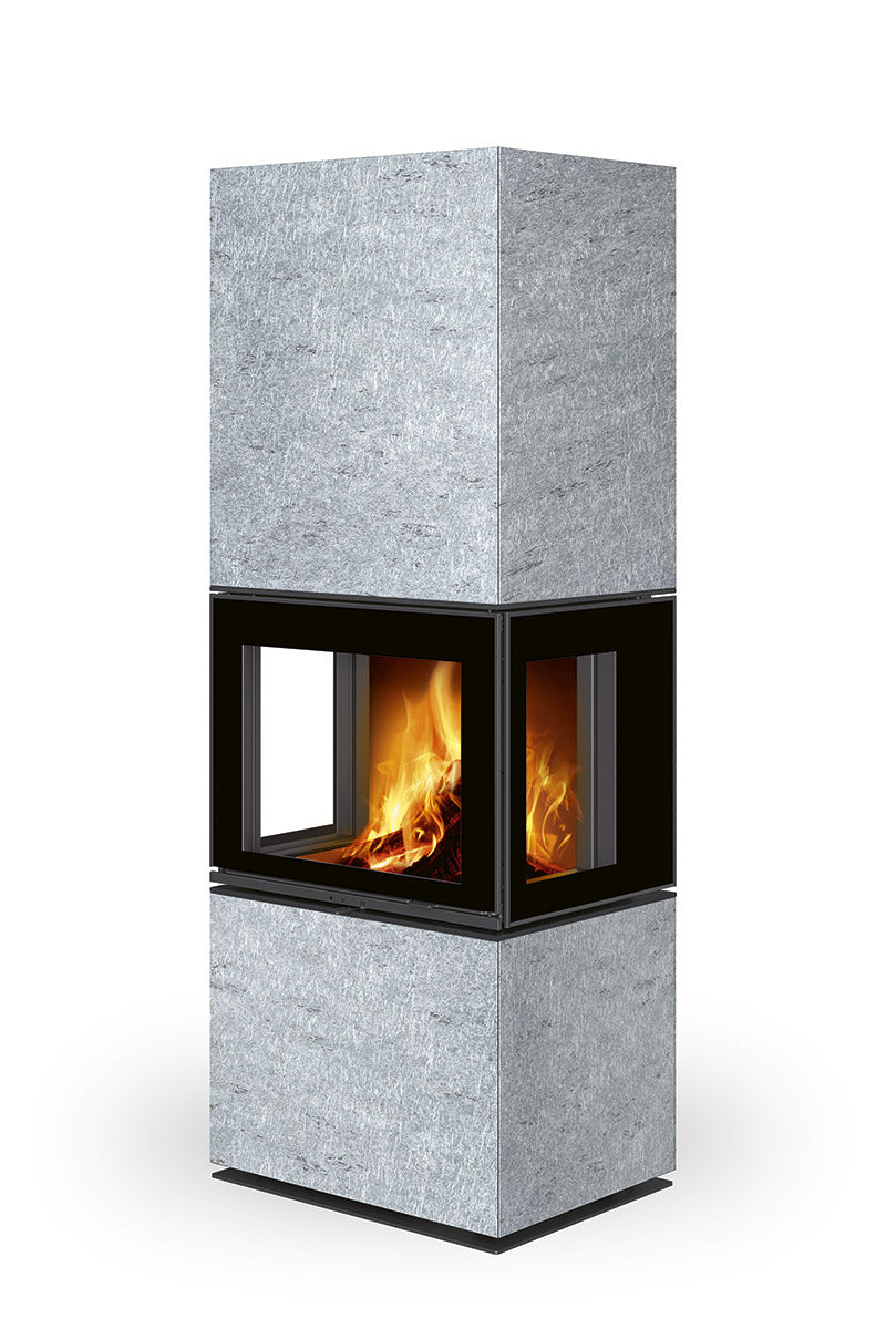 Semineu modular inalt, cu piatra serpentin gri, cu geam pe trei laturi, cu print negru pe margine, gama Lera, Romotop