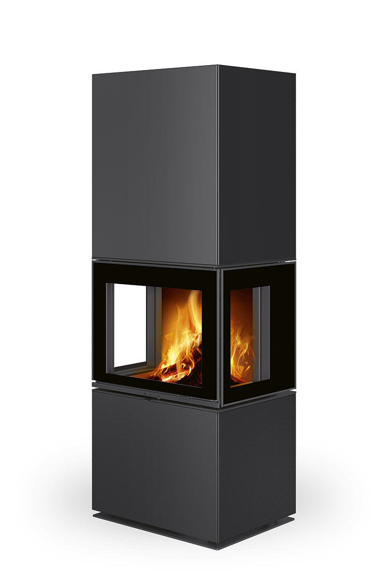 Semineu modular inalt, metalic, negru, cu geam pe trei laturi, cu print negru pe margine, gama Lera, Romotop