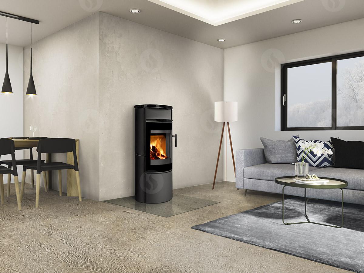 Soba pe lemne Lugano 01, metalica, placata cu piatra neagra instalata in decor interior modern