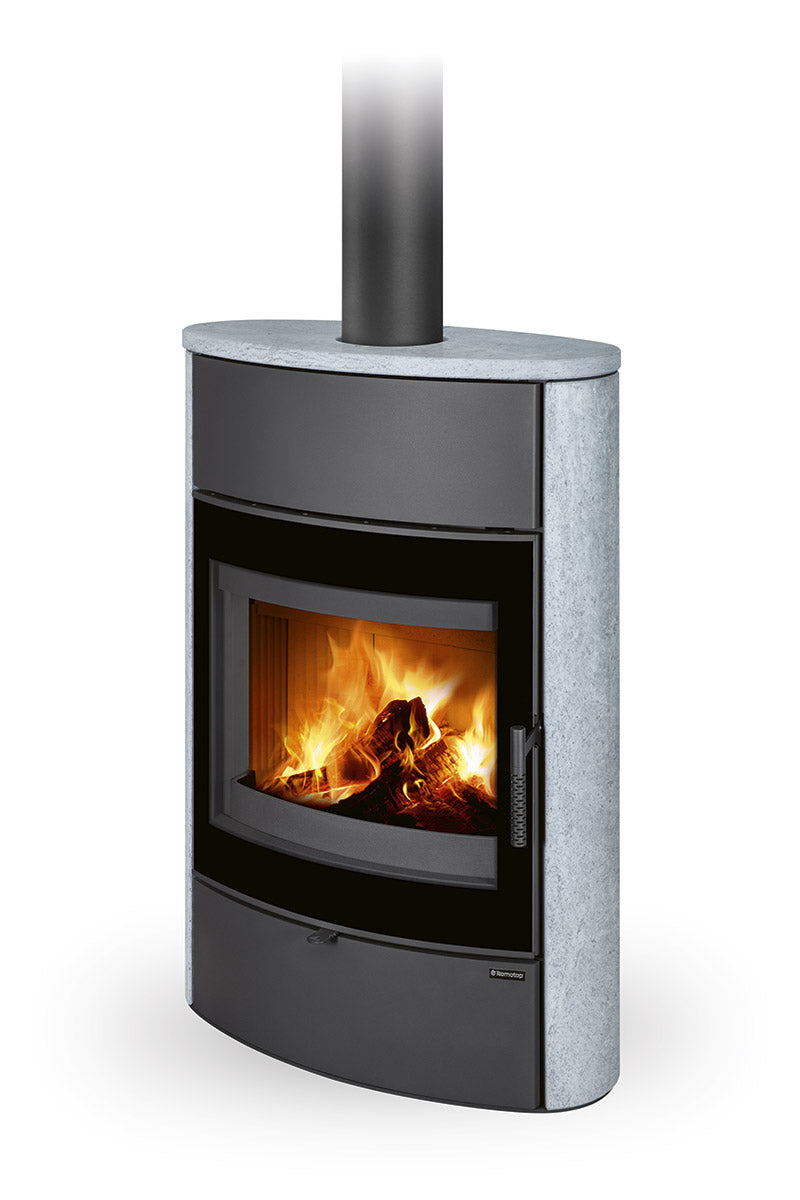 Soba piatra serpentin cu acumulare Romotop Navia G H cu sticla design