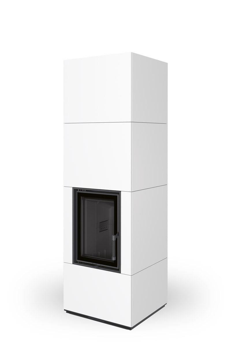 Semineu pe lemne cu acumulare termica, placat cu piatra alba, geam drept,interior negru, gama Nordac Romotop