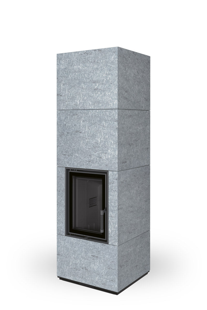 Semineu pe lemne cu acumulare termica, cu piatra gri serpentin, geam drept,interior negru, gama Nordac Romotop
