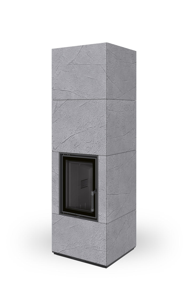 Semineu lemne cu acumulare termica, aspect beton gri deschis, camera ardere negru, gama Nordac Romotop