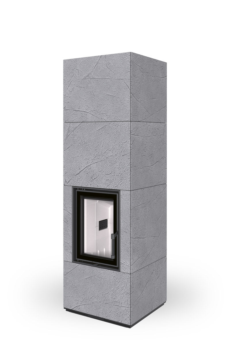 Semineu lemne cu acumulare termica, aspect beton gri deschis, camera ardere gri deschis, gama Nordac Romotop