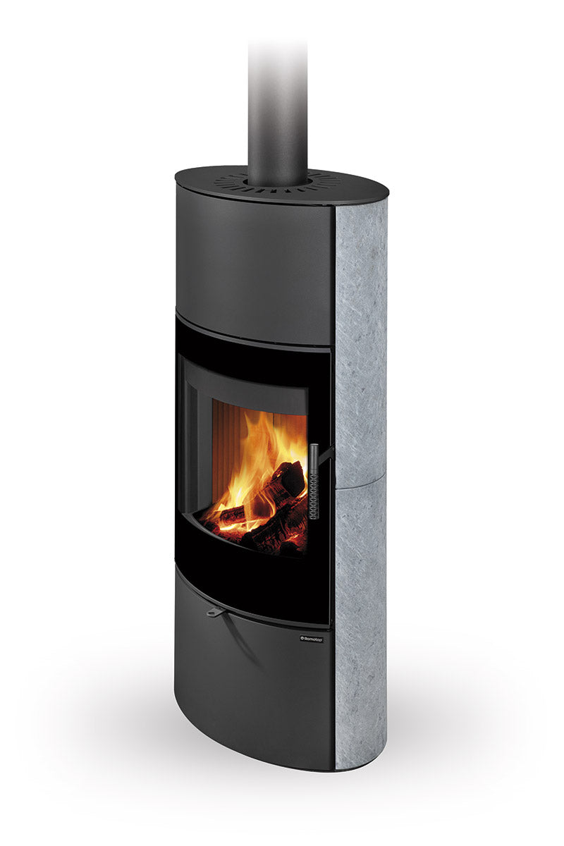 Soba piatra serpentin cu acumulare Romotop Ovalis G H cu sticla design