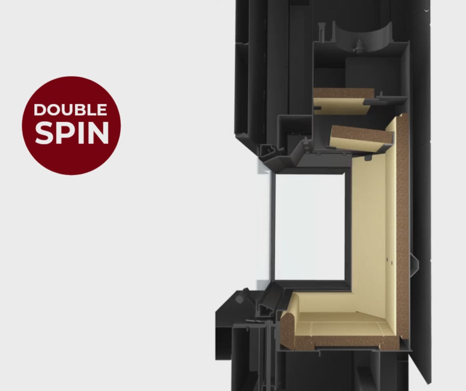 Video explicativ despre tehnologia ecologica Double Spin de la Romotop, ilustrand distributia simetrica a gazelor arse si flacara spectaculoasa generata in focar. Sistemul optimizeaza arderea si reduce emisiile, oferind eficienta energetica si stabilitate termica.