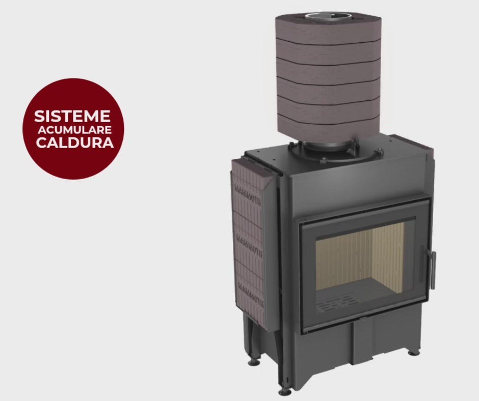 Focar pe lemne Romotop cu sistem Mammoth de acumulare caldura — elementele ceramice retin caldura reziduala si o elibereaza lent dupa stingerea focului