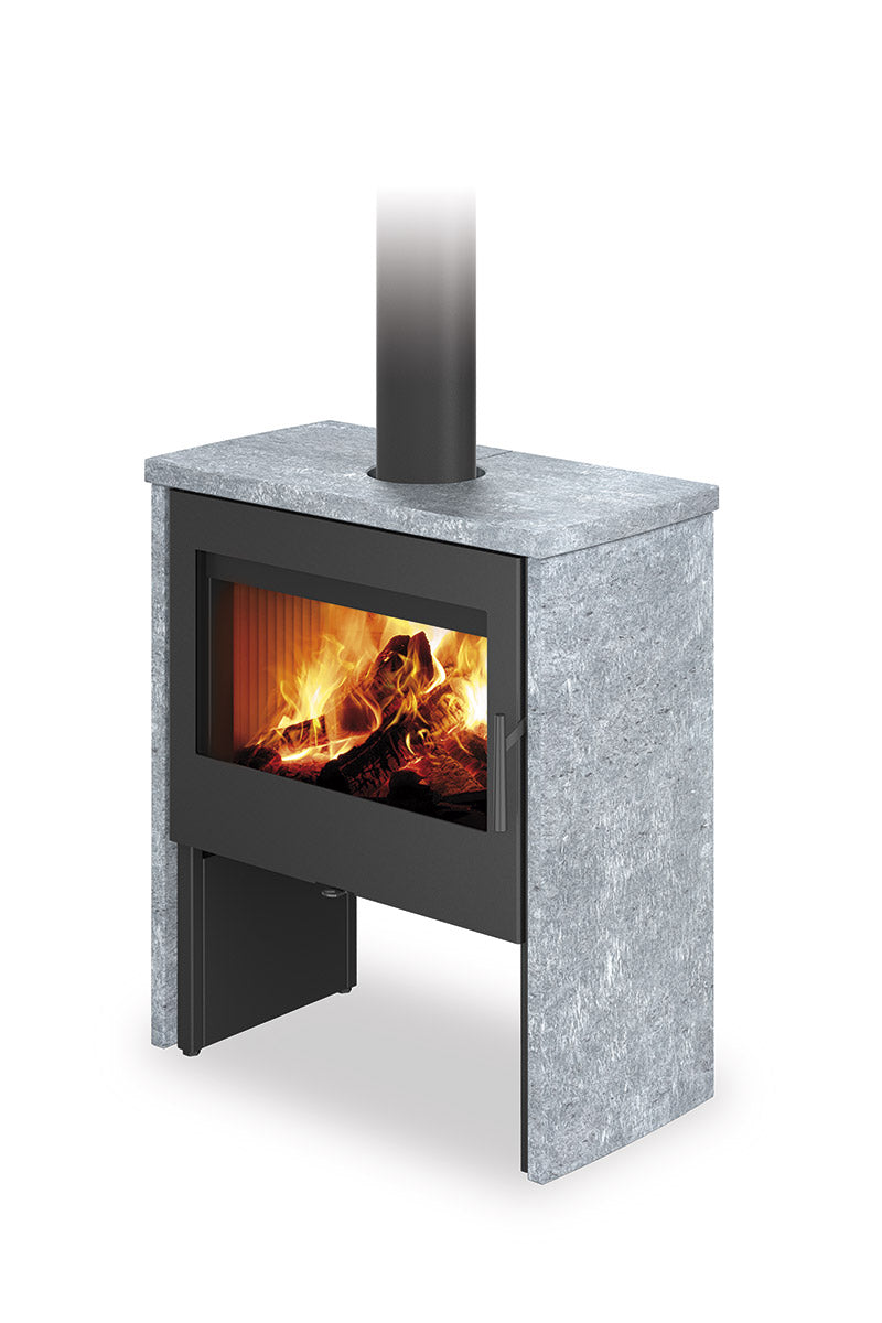 Soba lemne metalica Romotop Riano 30 placata cu piatra gri serpentin