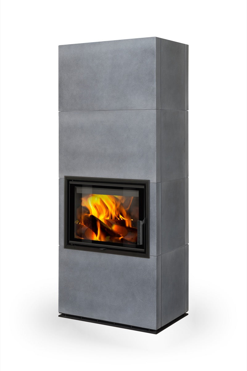 Semineu modular placat cu piatra ceramica gri, geam drept, frontal, gama Solid, Romotop