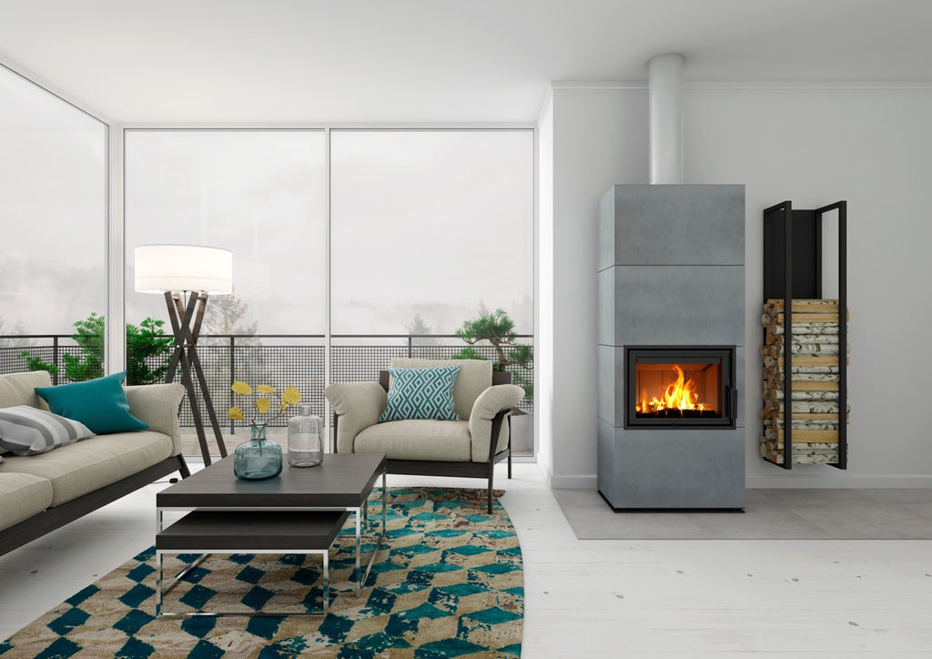 Semineu modular placat cu piatra ceramica gri, geam drept, frontal instalat intr-un living modern pe perete langa suport de lemne