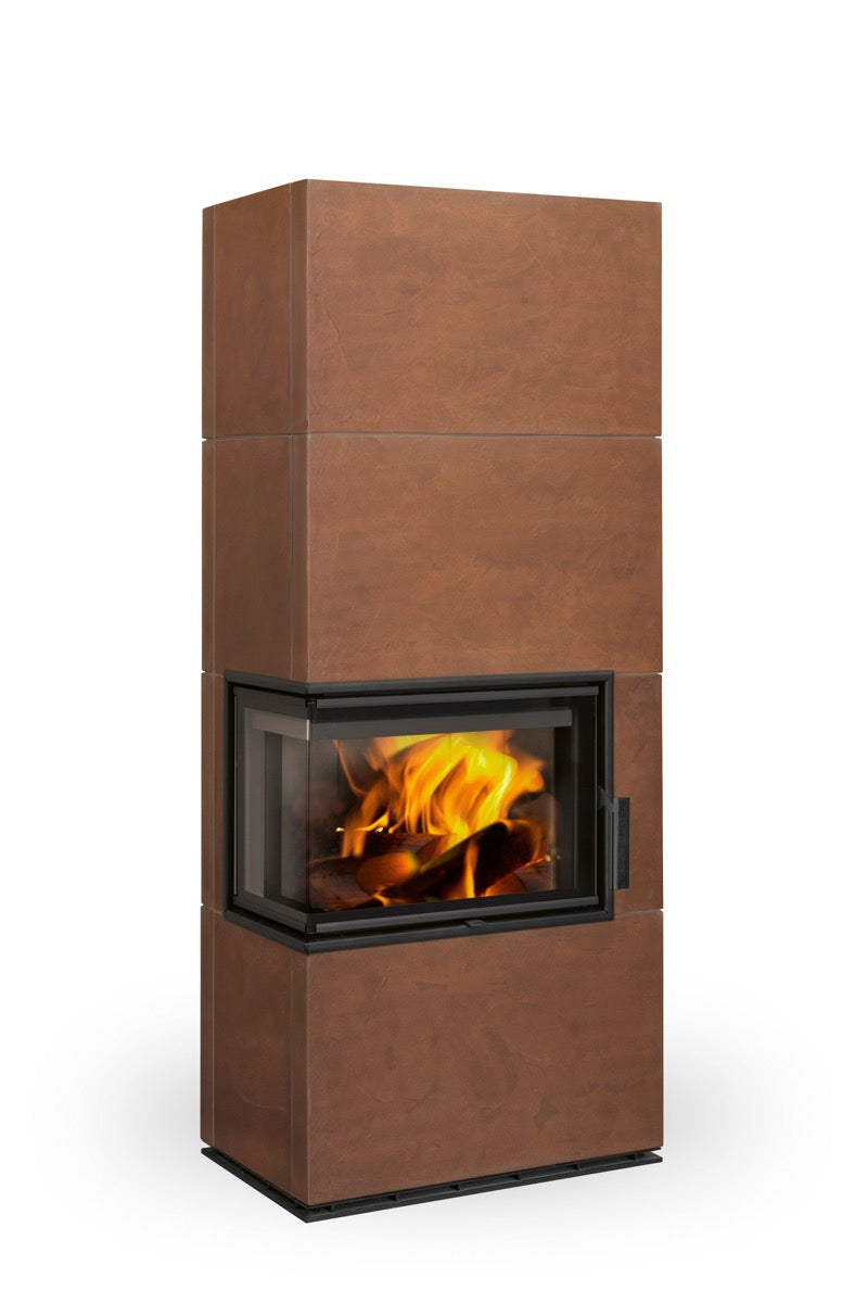 Semineu modular cu piatra caramizie, geam pe colt stanga, gama Solid Romotop