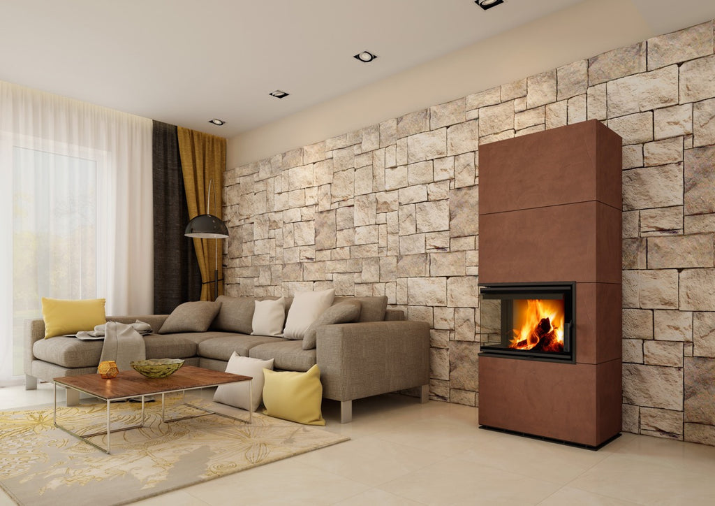 Semineu modular culoare caramizie, geam pe colt stanga, gama Solid montat in living pe perete de piatra