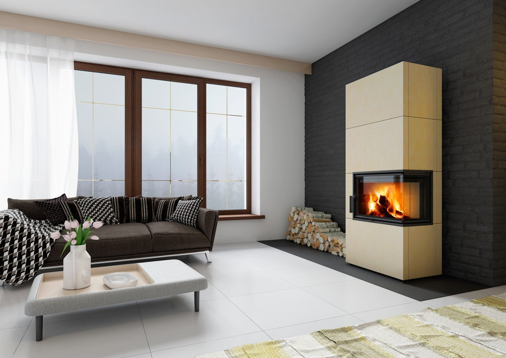 Semineu modular pe lemne, culoare crem, geam pe colt dreapta, gama Solid, montat in living modern pe perete placat cu piatra gri inchis