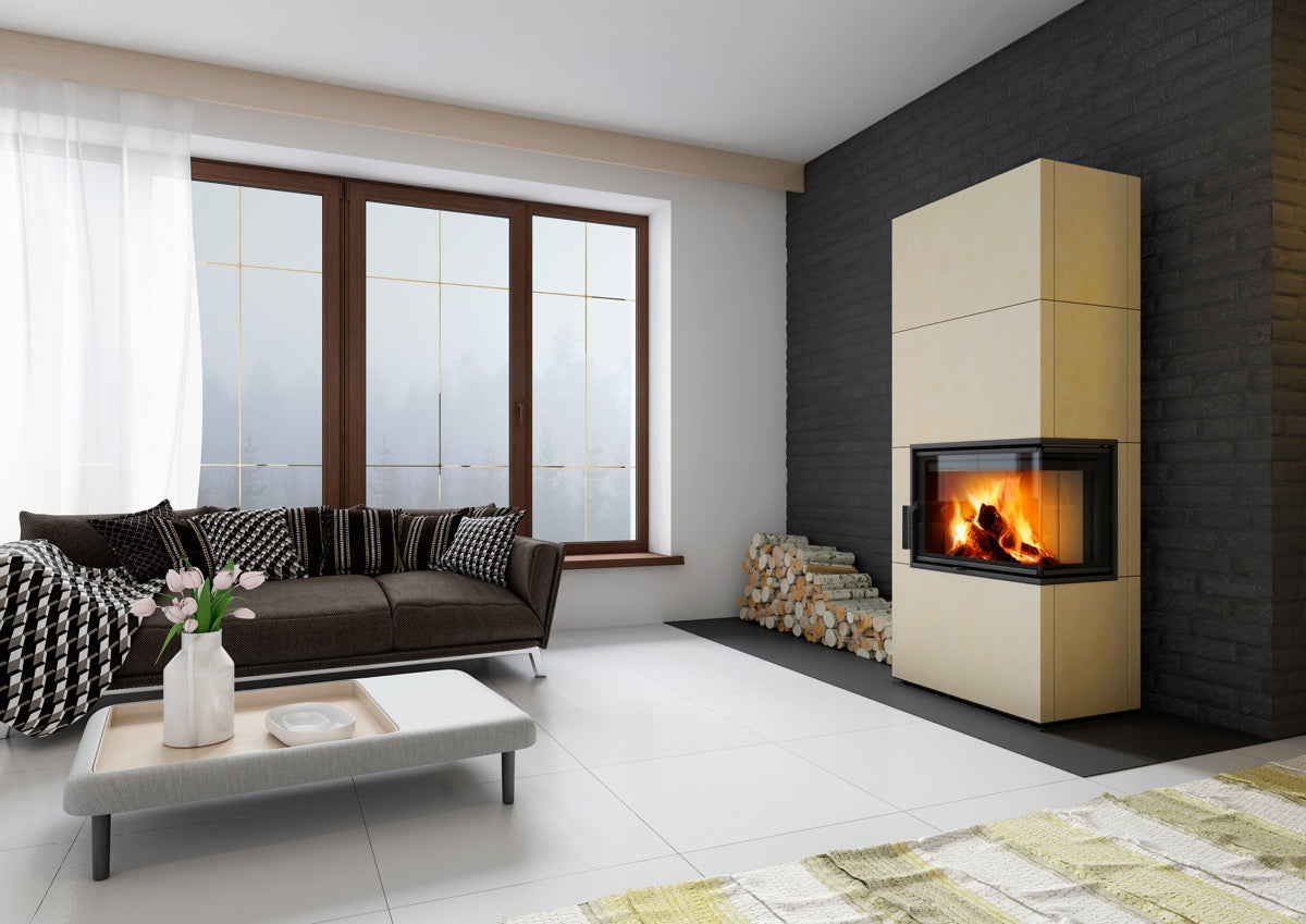 Semineu modular pe lemne, culoare crem, geam pe colt dreapta, gama Solid, montat in living modern pe perete placat cu piatra gri inchis
