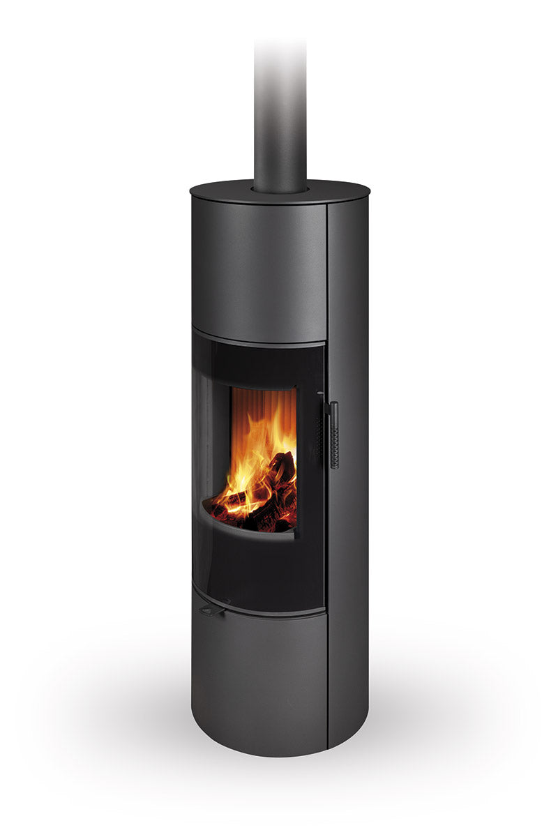 Soba lemne Soria H 30, cilindrica, din metal antracit, cu tub evacuare superior. Usa cu geam mare, foc vizibil si maner lateral.