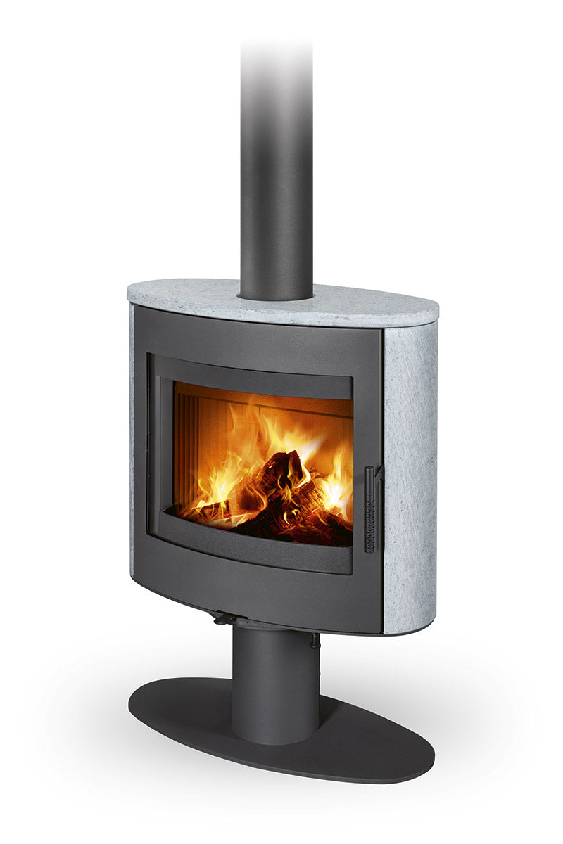 Soba lemne STROMBOLI T 20, forma ovala, laterale piatra gri deschis. Structura metalica antracit, geam curbat mare cu foc vizibil, usa cu maner.